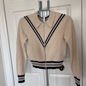 rag & bone Beige Zip-Front Sweater with Navy Stripe Trim
